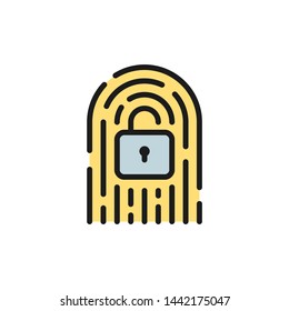 Fingerprint with lock, cryptocurrency, digital key flat color icon.