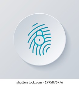 Fingerprint and lock, identification of person, digital data protection, personal security. Cut circle with gray and blue layers. Paper style