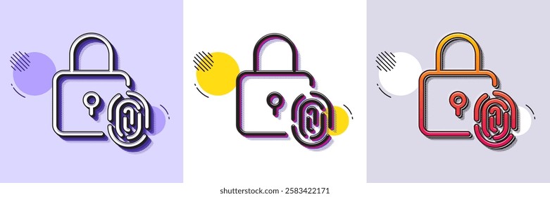 Fingerprint lock line icon. Halftone dotted pattern. Gradient icon with grain shadow. Finger print scan sign. Biometric identity symbol. Line fingerprint lock icon. Various designs. Vector