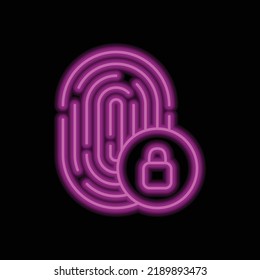Huella digital con bloqueo simple vector de icono. Diseño plano. Neón morado sobre fondo negro.ai