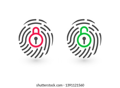 Fingerprint loop icon with lock sign inside. Concept of personal data protection. App security. Flat vector icon.