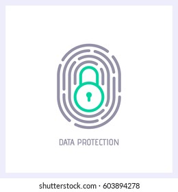 Fingerprint loop icon with lock sign inside. Concept of personal data protection. App security. Flat vector icon.