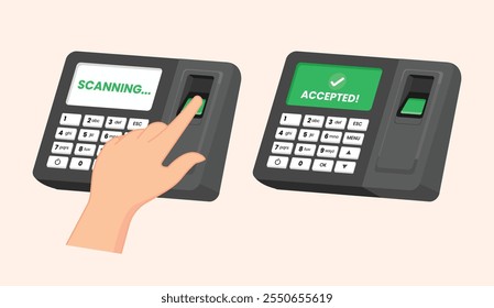 Ilustración vectorial de la máquina de huellas dactilares que muestra el proceso de escaneo y un estado de éxito. Adecuado para el seguimiento de asistencia, sistemas de reloj de entrada u otras necesidades de seguridad.