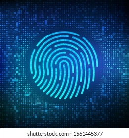 Fingerprint made with binary code. Biometrics identification and approval. Password control through fingerprints. Futuristic biometric and cyber security concept on the digital surface. Vector. EPS10.