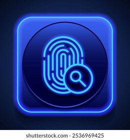 Fingerprint with magnifier, search simple icon vector. Flat design. Blue neon style on button. With shadow.ai
