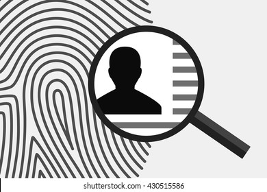 Fingerprint and magnifying glass above, with personal information inside. Fingerprint as source of information about person