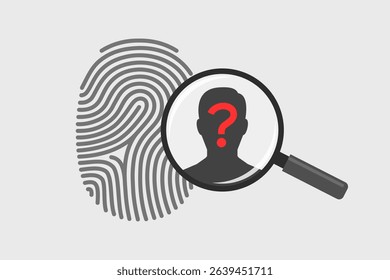 Fingerprint and magnifying glass with dark silhouette of person and red question mark. Concept of personal identification by biometric data, protected access to confidential information