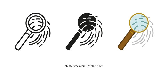 Fingerprint with magnifying glass icon. Finger print evidence reveal vector illustration. Crime investigation symbol. Detective dactylogram sign. Forensic suspect proof pictogram. Evidence research.