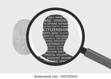 Fingerprint And Magnifying Glass, Man's Silhouette And Personal Information. Concept Of Identification Of Person, Getting Personal Data And Information Using Fingerprint, Biometrics Control System