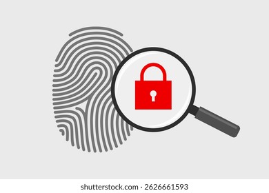 Fingerprint and magnifying glass with padlock icon. Concept of security and safe storage of biometric information, protected access to personal data that can be obtained from fingerprint