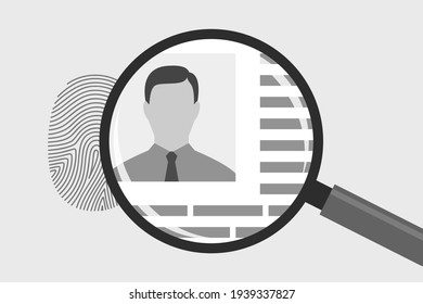 Fingerprint and magnifying glass with photo of man and personal information. Concept of identification of person, access to data and information using fingerprint, biometrics security