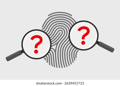 Fingerprint and magnifying glasses with red question marks. Concept of personal identification by biometric data, protected access to confidential information