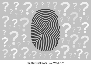 Fingerprint and many question marks around. Concept of personal identification by biometric data, protected access to confidential information