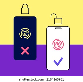 Fingerprint method for access. Biometric data scanning concept. Level of privacy on smartphone or computer. Database or personal data security. Thumbprint sign in identification vector illustration.