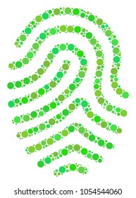 Fingerprint mosaic of circle elements in various sizes and green color tinges. Vector filled circles are combined into fingerprint collage. Ecological vector illustration.