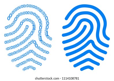 Fingerprint mosaic icon of zero and one symbols in various sizes. Vector digits are randomized into fingerprint collage design concept.