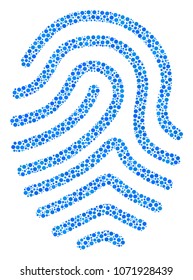 Fingerprint mosaic of small circles in variable sizes and color tints. Round dots are united into fingerprint vector collage. Dotted vector illustration.