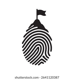 Fingerprint mountain with flag on top in black and white