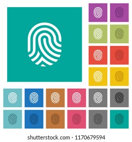 Fingerprint multi colored flat icons on plain square backgrounds. Included white and darker icon variations for hover or active effects.