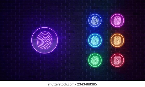 Fingerprint neon scan icon set. Glowing Biometric identity sign. Vector illustration