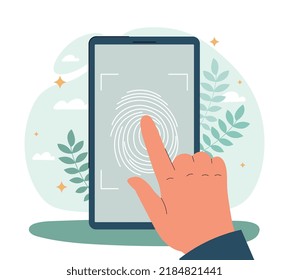Fingerprint on screen. Authorization and identification. Modern methods of identity verification and confirmation, security in digital world, innovations concept. Cartoon flat vector illustration