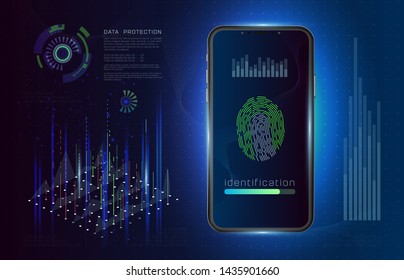 Fingerprint on the smartphone isolated on white background. Unlock the phone. Modern phone concept. Cell phone with touchscreen. Fingerprint Scanning Identification system.