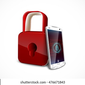 Fingerprint on smartphone with a padlock, concept of privacy and safety .Vector 3D illustration 