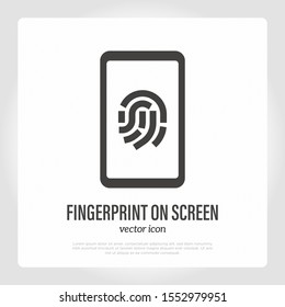Fingerprint on smartphone screen. Authentication, identification on device thin line icon. Vector illustration.