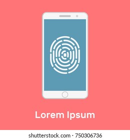 Fingerprint on smartphone screen, flat vector illustration, red, white, blue