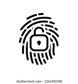 Fingerprint with open lock, personal protect, secutiry icon. Black icon on white background