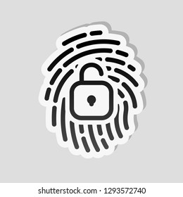 Fingerprint with open lock, personal protect, secutiry icon. Sticker style with white border and simple shadow on gray background