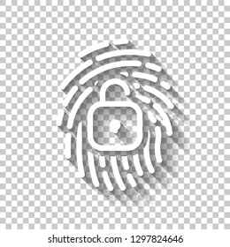 Fingerprint with open lock, personal protect, secutiry icon. White icon with shadow on transparent background