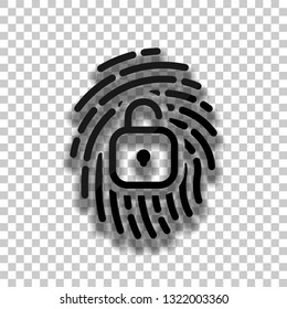 Fingerprint with open lock, personal protect, secutiry icon. Black glass icon with soft shadow on transparent background