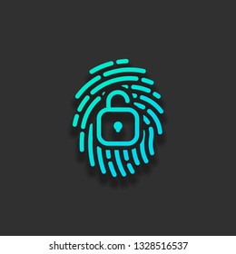 Fingerprint with open lock, personal protect, secutiry icon. Colorful logo concept with soft shadow on dark background. Icon color of azure ocean