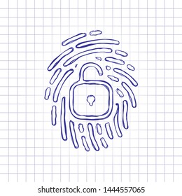 Fingerprint with open lock, personal protect, secutiry icon. Hand drawn picture on paper sheet. Blue ink, outline sketch style. Doodle on checkered background