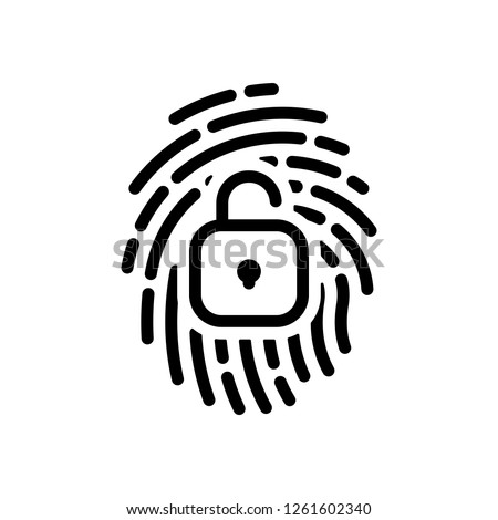 Fingerprint with open lock, personal protect, secutiry icon. Black icon on white background