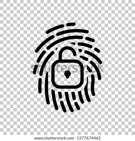 Fingerprint with open lock, personal protect, secutiry icon. Black symbol on transparent background
