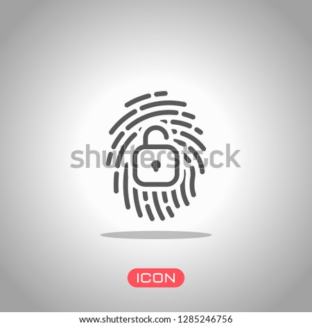 Fingerprint with open lock, personal protect, secutiry icon. Icon under spotlight. Gray background