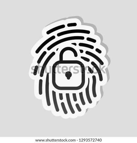 Fingerprint with open lock, personal protect, secutiry icon. Sticker style with white border and simple shadow on gray background