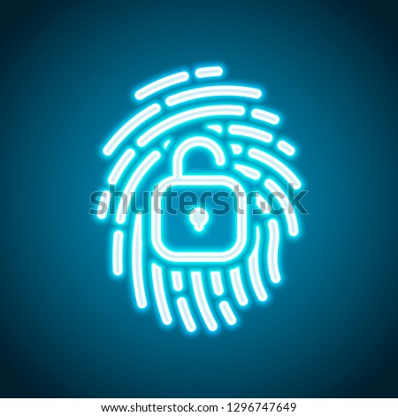Fingerprint with open lock, personal protect, secutiry icon. Neon style. Light decoration icon. Bright electric symbol