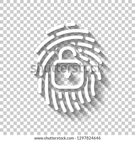 Fingerprint with open lock, personal protect, secutiry icon. White icon with shadow on transparent background