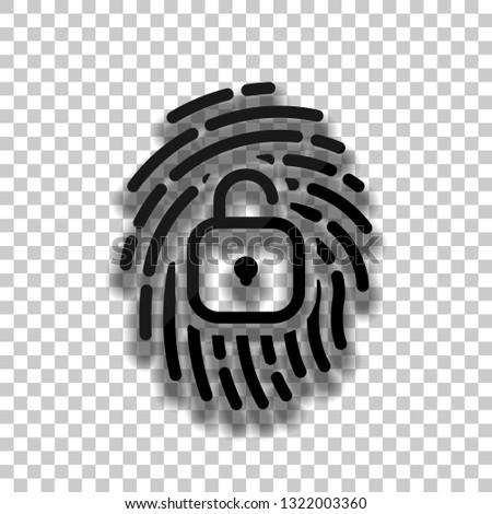 Fingerprint with open lock, personal protect, secutiry icon. Black glass icon with soft shadow on transparent background