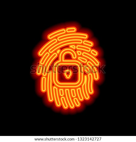 Fingerprint with open lock, personal protect, secutiry icon. Orange neon style on black background. Light icon