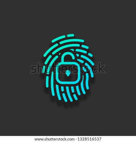 Fingerprint with open lock, personal protect, secutiry icon. Colorful logo concept with soft shadow on dark background. Icon color of azure ocean