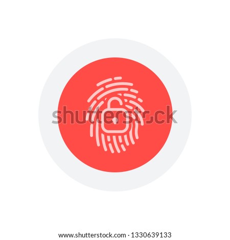 Fingerprint with open lock, personal protect, secutiry icon. Icon in colored circle with gray bold border. Web button, modern flat design