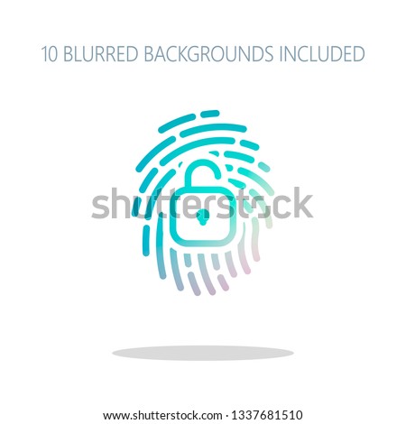 Fingerprint with open lock, personal protect, secutiry icon. Colorful logo concept with simple shadow on white. 10 different blurred backgrounds included