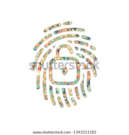 Fingerprint with open lock, personal protect, secutiry icon. Colored mosaic with polygons