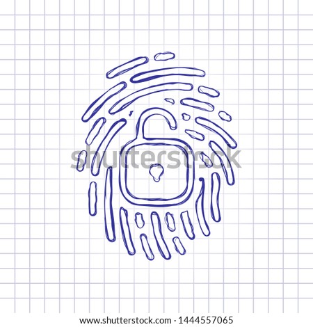 Fingerprint with open lock, personal protect, secutiry icon. Hand drawn picture on paper sheet. Blue ink, outline sketch style. Doodle on checkered background