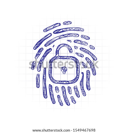 Fingerprint with open lock, personal protect, secutiry icon. Hand drawn sketched picture with scribble fill. Blue ink. Doodle on white background