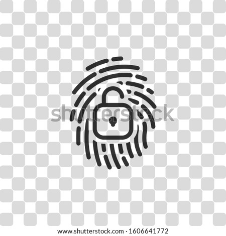 Fingerprint with open lock, personal protect, secutiry icon. Black symbol on transparency grid